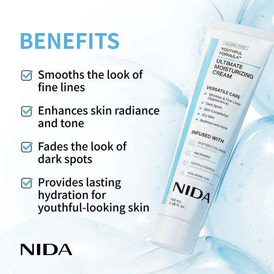 NIDA Youthful Formula Ultimate Moisturizing Cream (100mL) / Collagen, Niacinamide, Centella Asiatica, Hyaluronic Acid / Wrinkles, Dark Spots, Skincare Hydrating Daily Moisturizer Moisture Hydrate