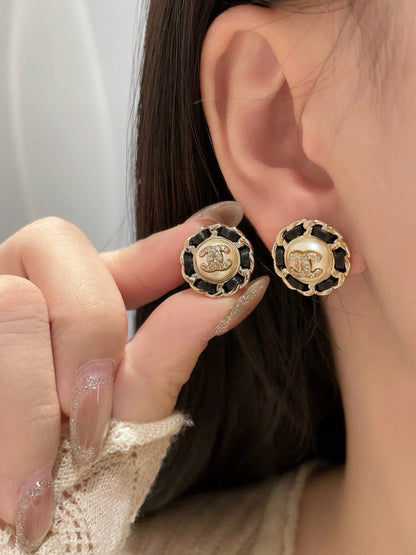 Chanel Black Leather Button Necklace Earrings